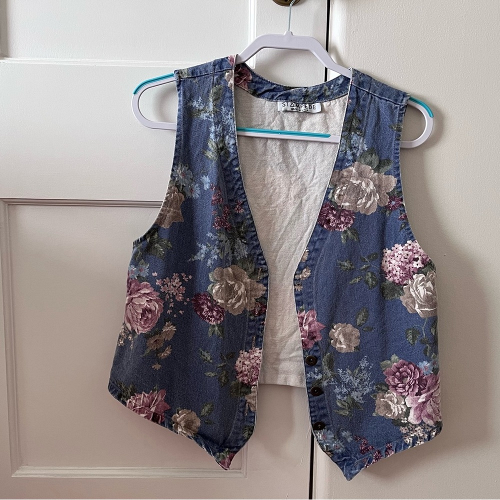 Vintage Denim Floral Vest L
